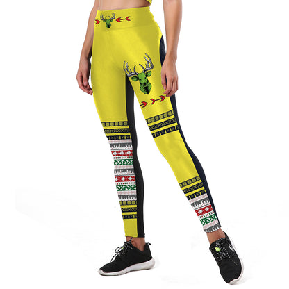 Women Sporting Ugly Christmas Animal Sika Deer 3D Printed High Waist Trousers Pants Leggings