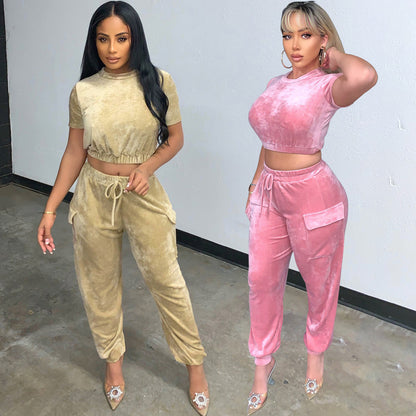 Fashion Sexy Loose Gold Velvet Two Piece Tops Pant Trouser Party Suit