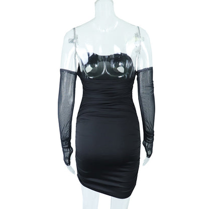 Sexy Mesh Panel Long Sleeve Mid Waist Hip Night Party Dress