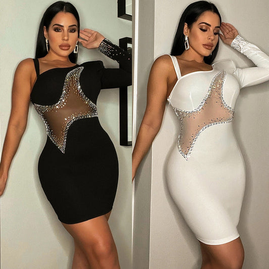 Women's Fashion Tight Hip One Shoulder Sleeve Nightclub Short Skirt Dress