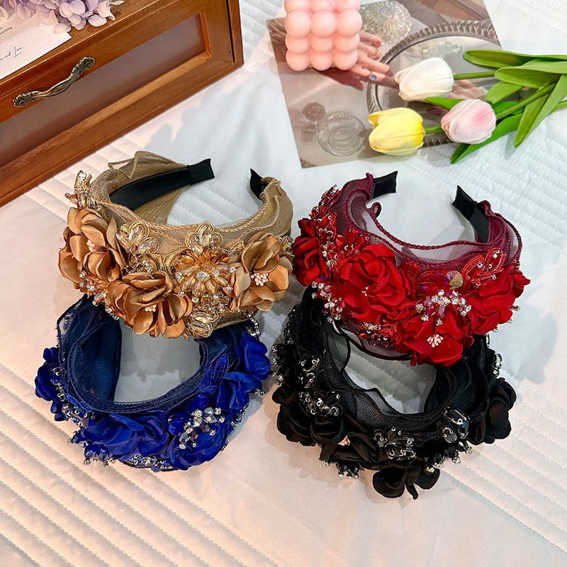 Women Fabric Flower Heavy Industry Wide Edge Crystal Headband Headwear