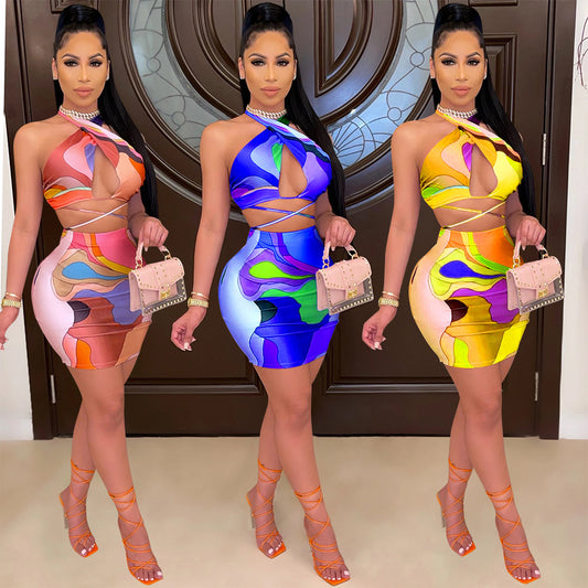 Sexy Hollow Halter Nightclub Halter Two-Piece Mini Party Dress
