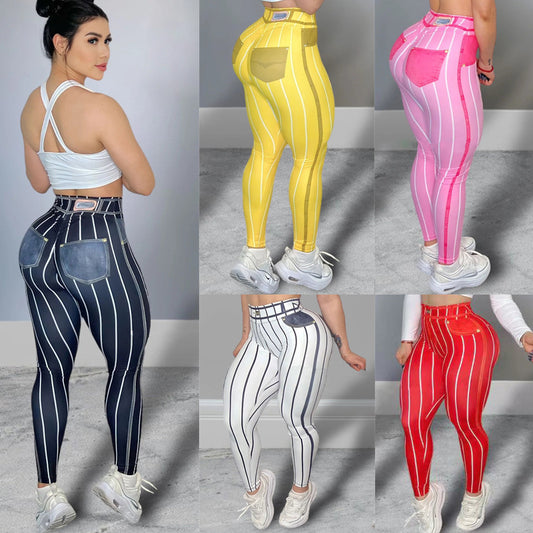 Sexy Denim Line Printing High Waist Yoga Leggings Pants