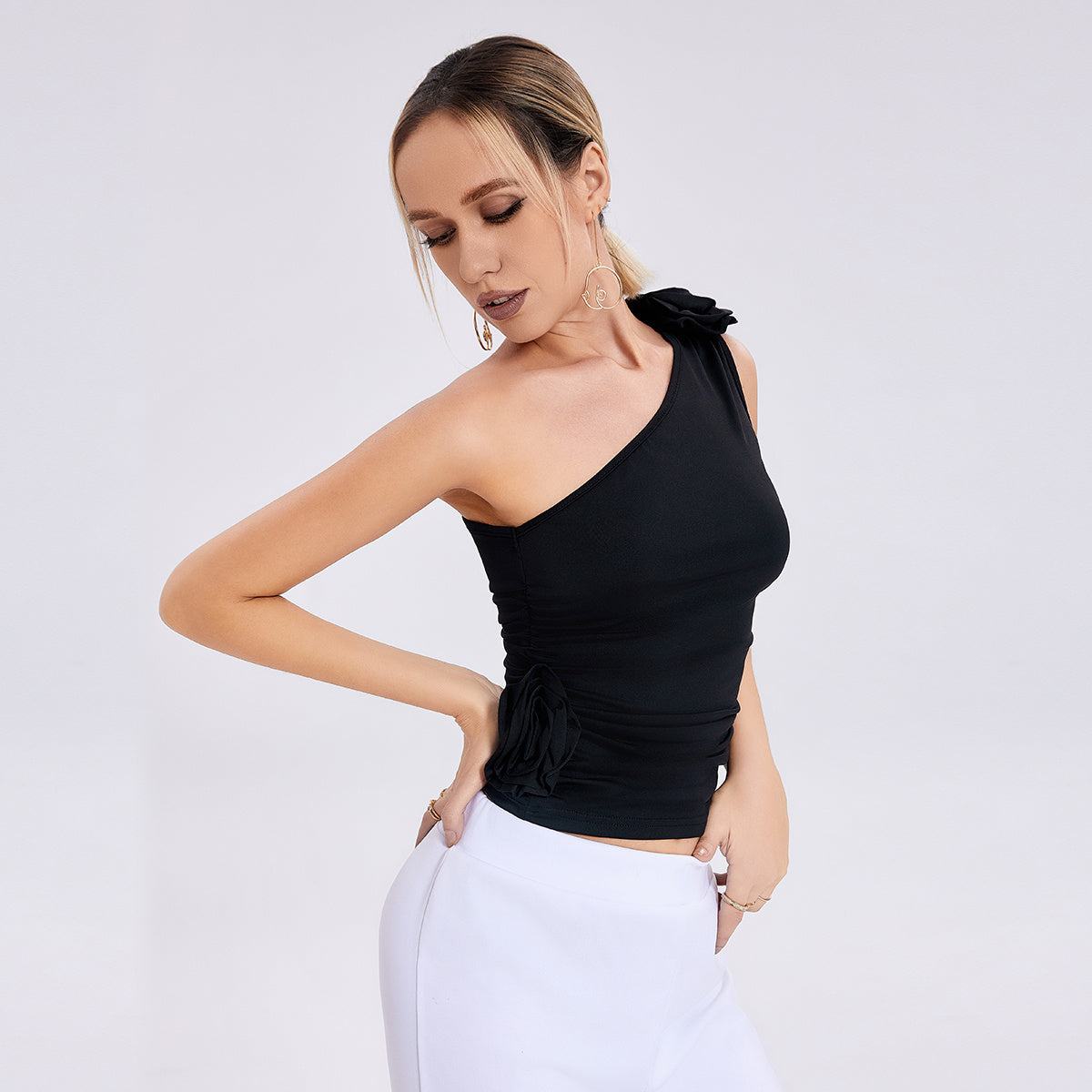 Women Three-dimensional Rose Flower One-shoulder Pleated Vest Tops