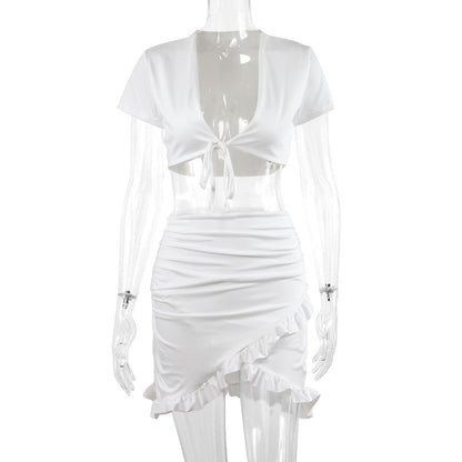 Women Low-cut Lace-up Ruffled Hip Skirt Tops Two-pieces Party Dress Set