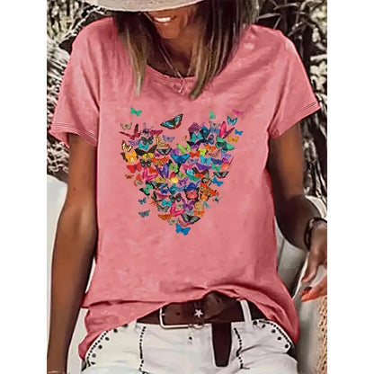 Colorful Butterfly & Heart Print Women's Short Sleeve T-Shirt Tees Tops