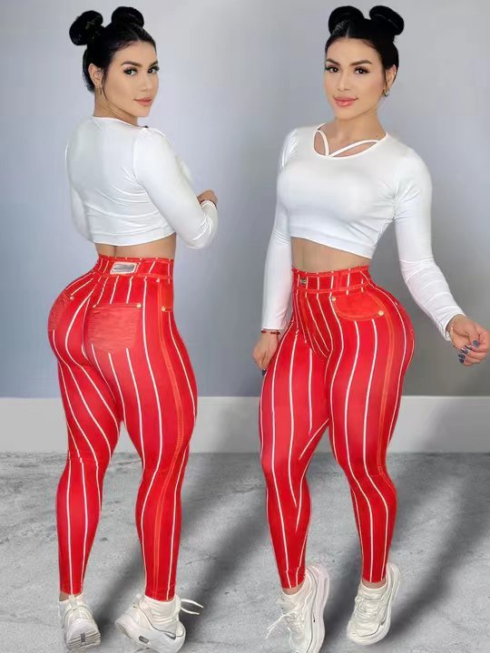 Sexy Denim Line Printing High Waist Yoga Leggings Pants