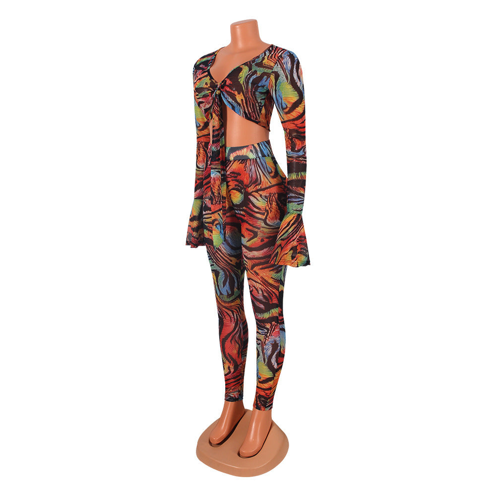 Two Pieces Sexy Fashion Net Gauze Print Slim Sleeve Night Party Tops Pant Trouser