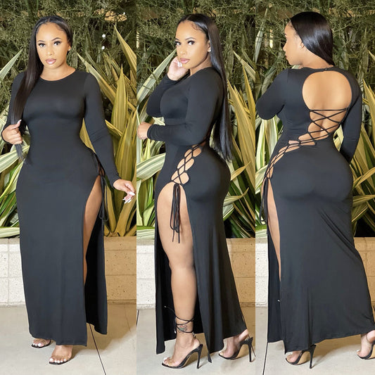 Women Solid Color Cutout Open Back Tie Long Sleeve Clubbing Party Dress