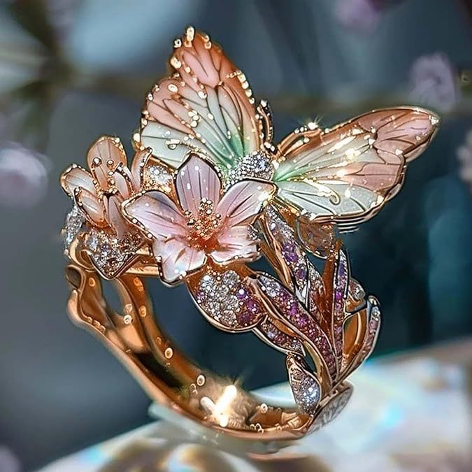 Animal Insect Fashion Adjustable Gold Plated Crystal 3D Shining Diamond Drop Oil Butterfly Flower Rings