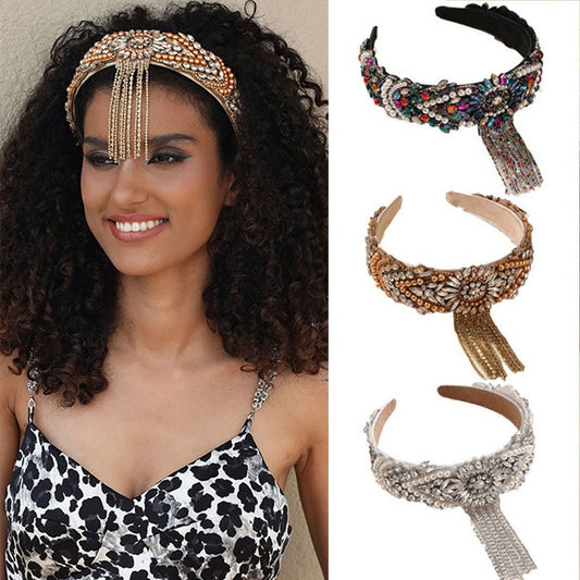 Women Fashionable Versatile Pearl Tassel Bangs Hairband Wear