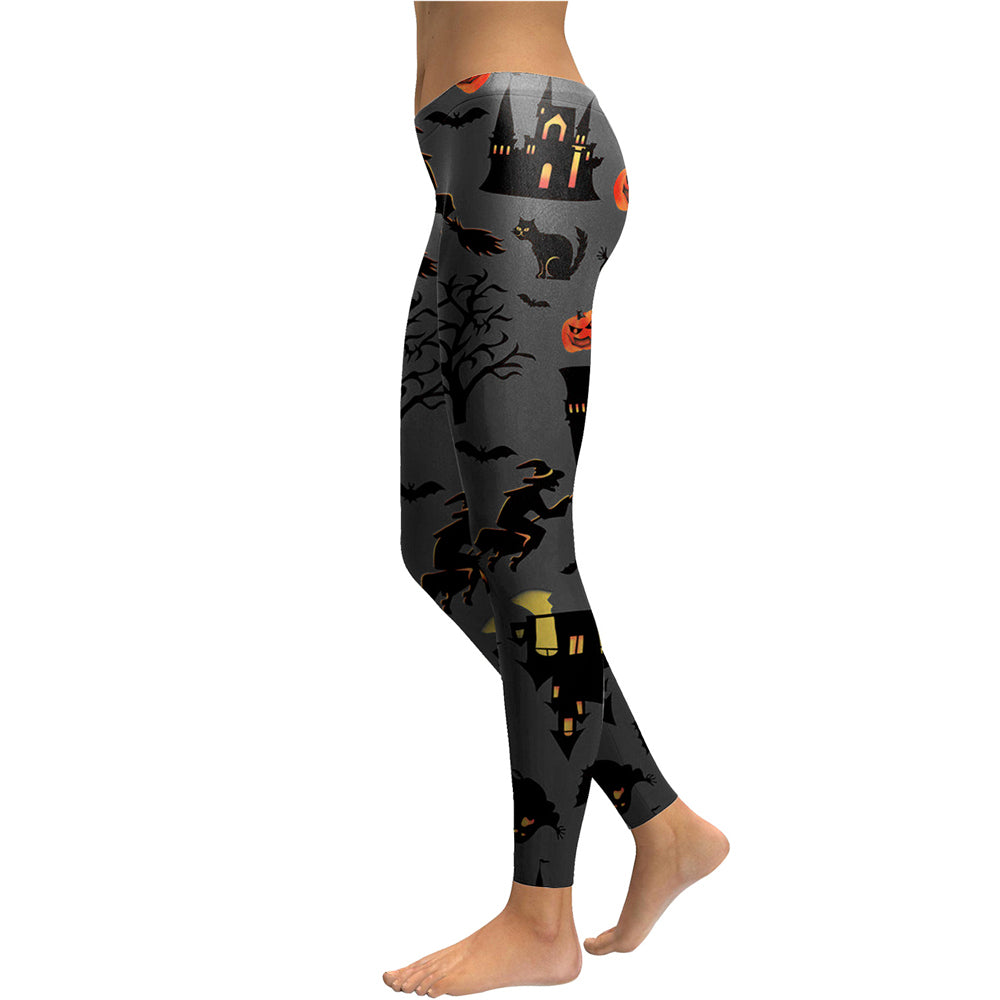 Women Haunt the House Halloween Pumpkins Lantern Elastic Digital Printed Workout Leggings Pants