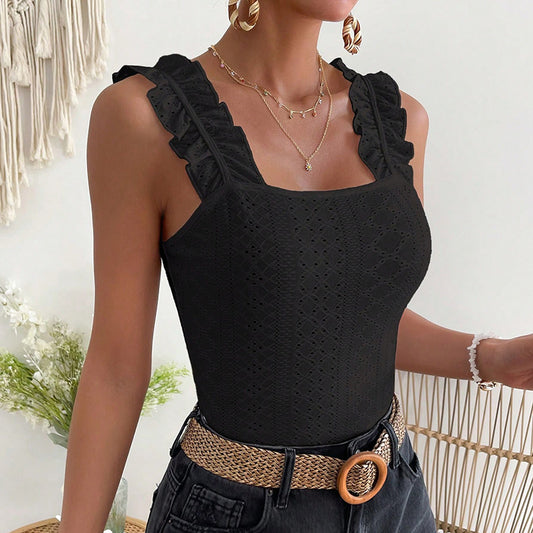 Women Sleeveless Ruffle Strap Square Neck Eyelet Slim Fit Tank Tops Blouse