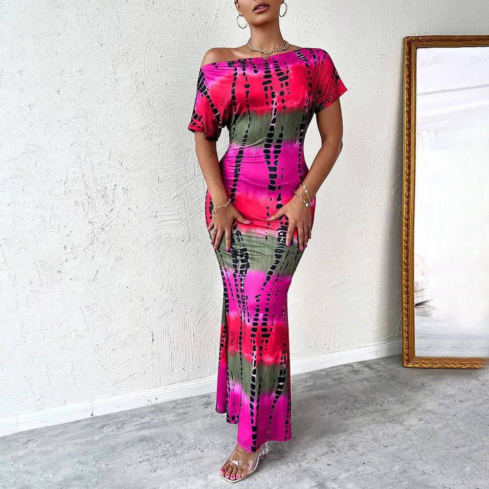 Women Printed Short Sleeve Diagonal Neck Slim Long Party Evening Dress