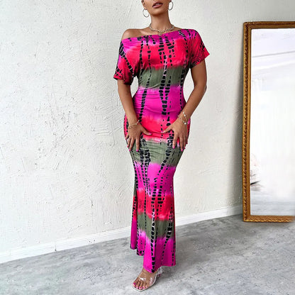 Women Printed Short Sleeve Diagonal Neck Slim Long Party Evening Dress