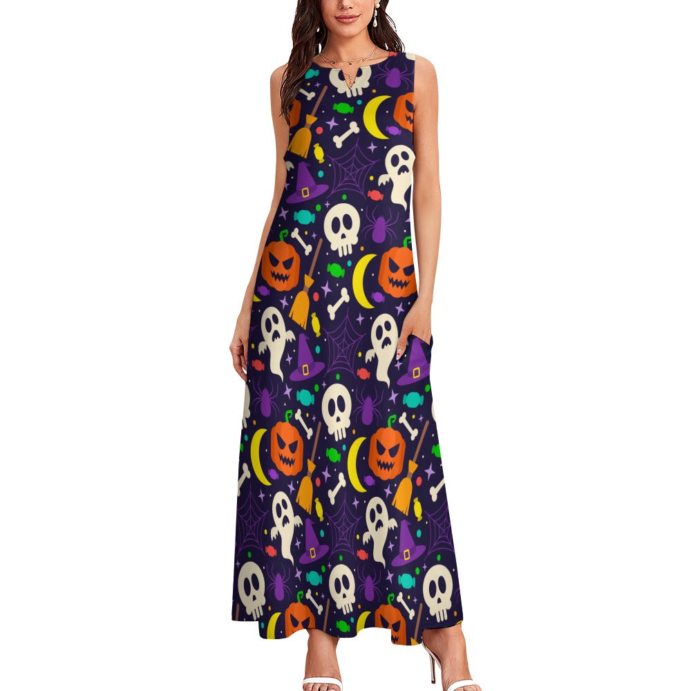 Women Halloween Pumpkins Skulls Prints Sleeveless Long Maxi Evening Party Dress Lg02