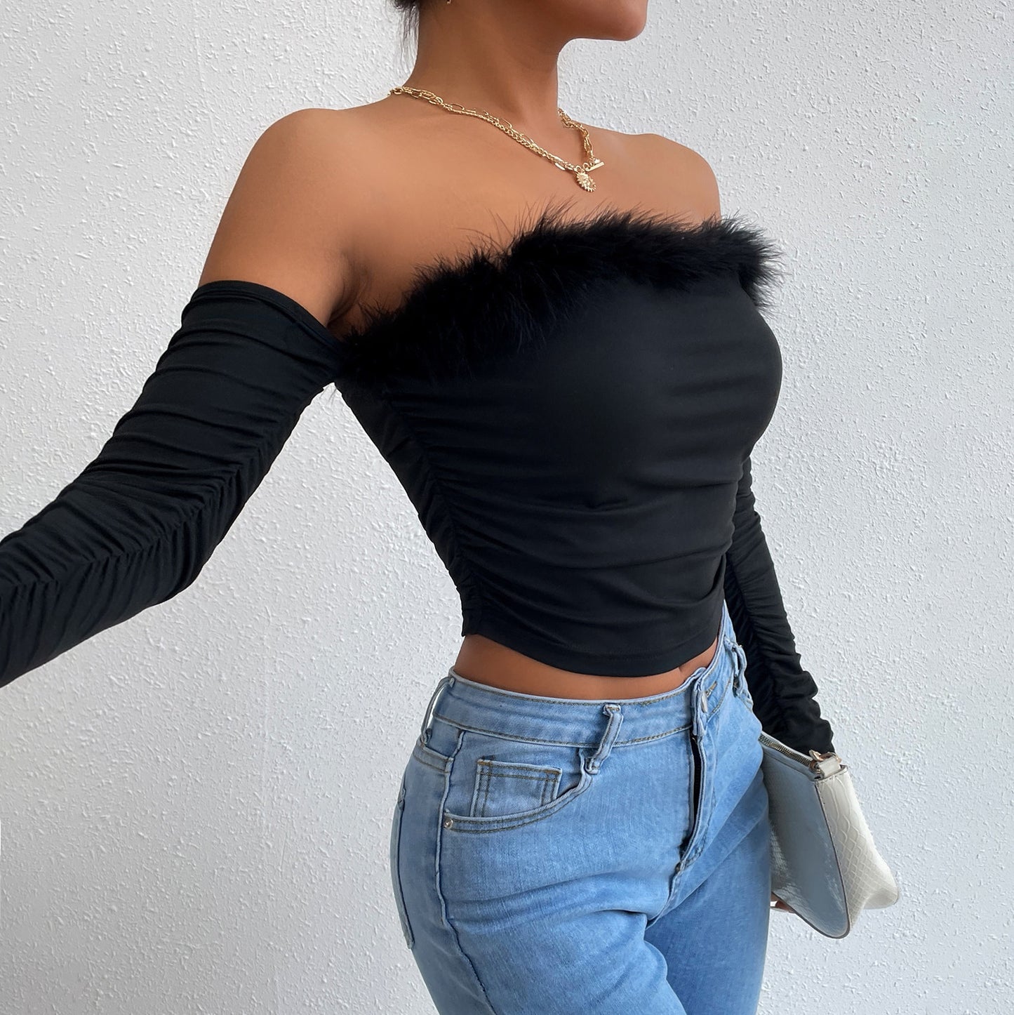 Vintage A Strapless Hair Neck Long-sleeved Tops Backless Shoulder Blouse