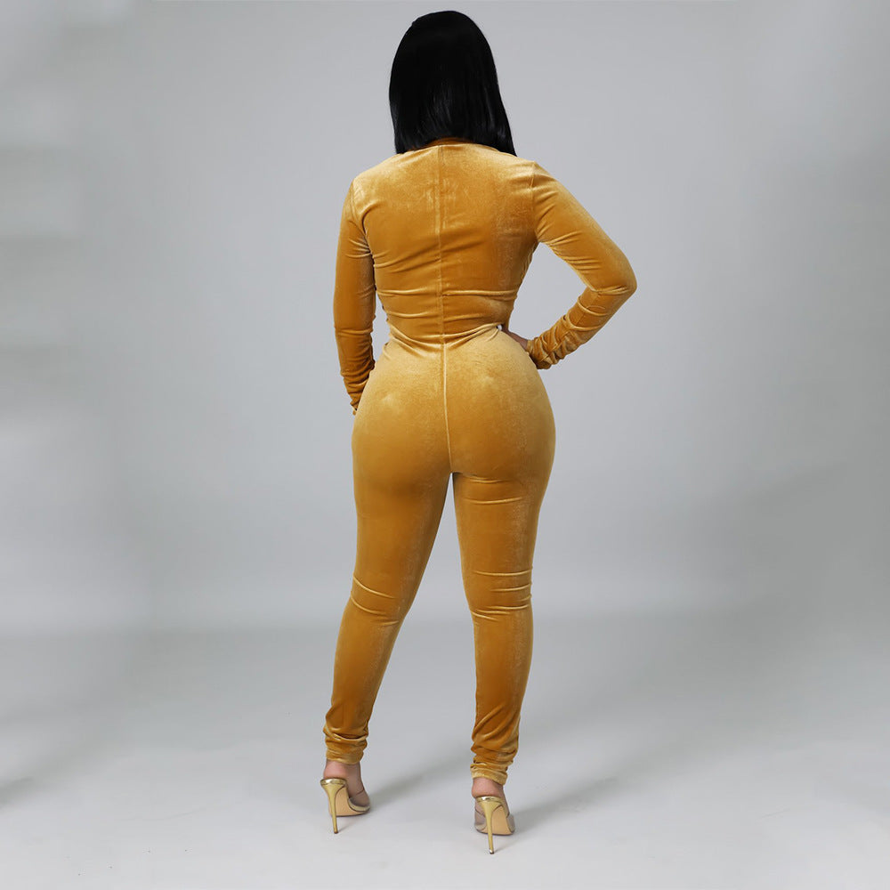Sexy Skinny Gold Velvet Stitching Long-Sleeved Nightclub Party Jumpsuit