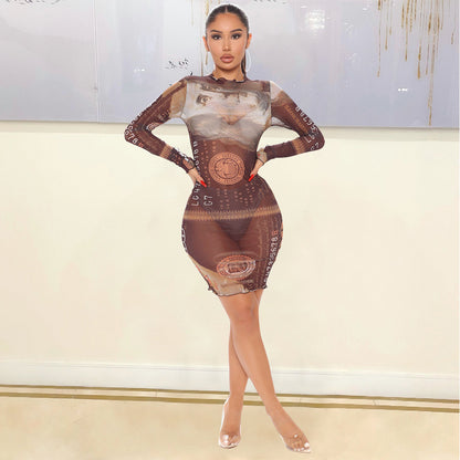 Sexy Mesh See-Through Long-Sleeved Night Party Dress