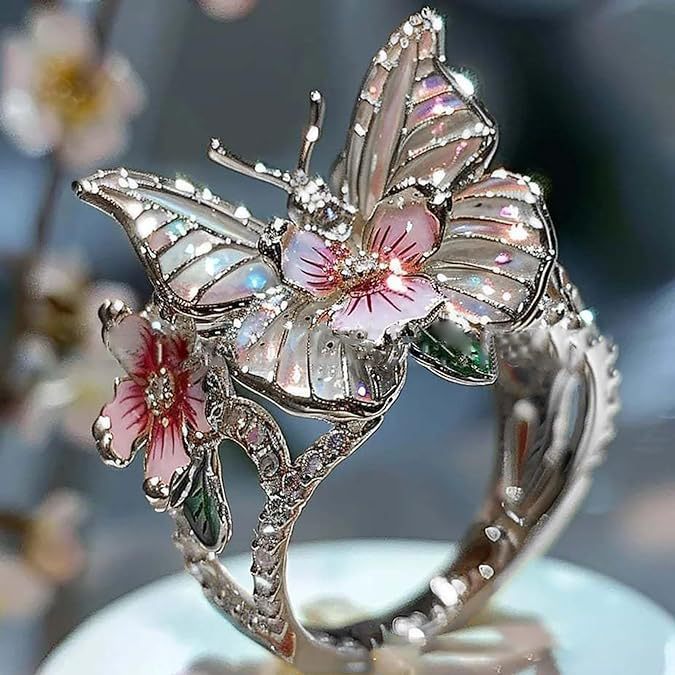 Animal Insect Fashion Adjustable Gold Plated Crystal 3D Shining Diamond Drop Oil Butterfly Flower Rings