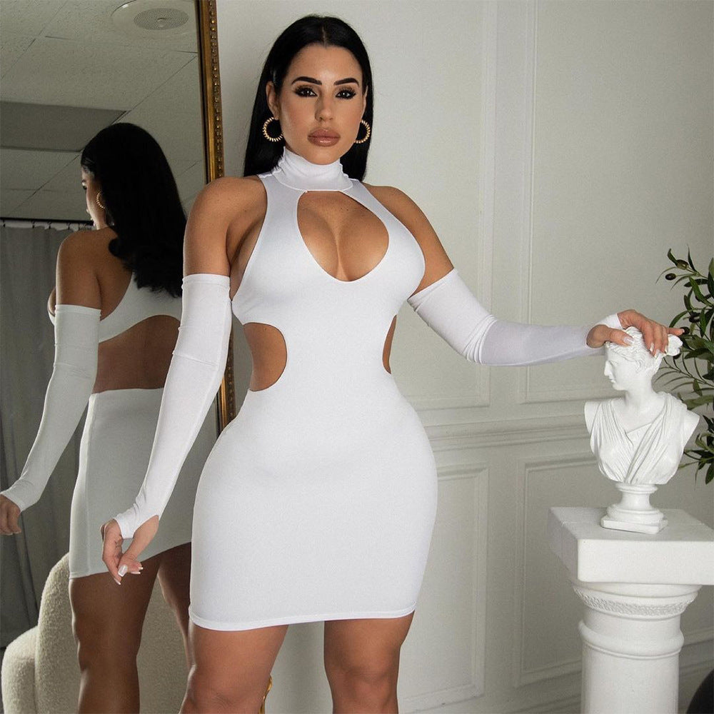 Women's Fashion Skinny Hollow Solid Color Nightclub Party Short Dress