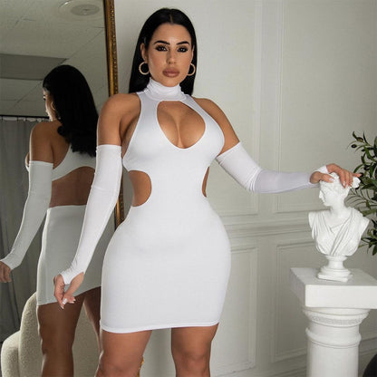 Women's Fashion Skinny Hollow Solid Color Nightclub Party Short Dress