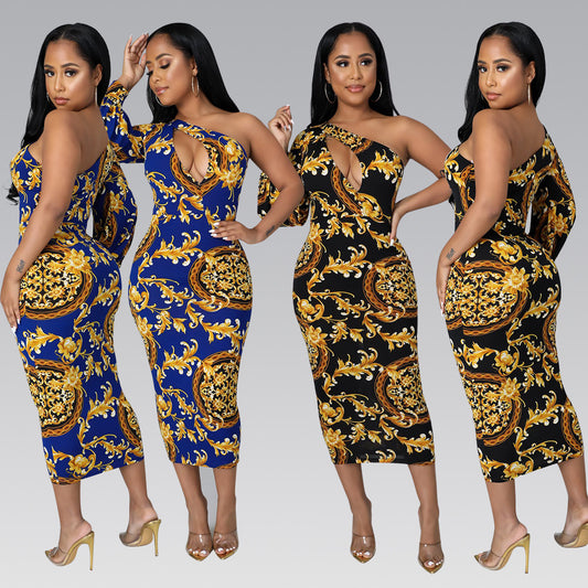 Fashion Sexy Printed Slant Collar Off-The-Shoulder Slim Night Out Party Dress