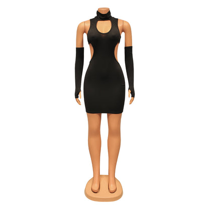 Women's Fashion Skinny Hollow Solid Color Nightclub Party Short Dress