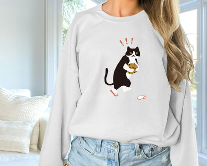 Women Fashionable Solid Color Cat Printed Long Sleeved Sweatshirt Pullover