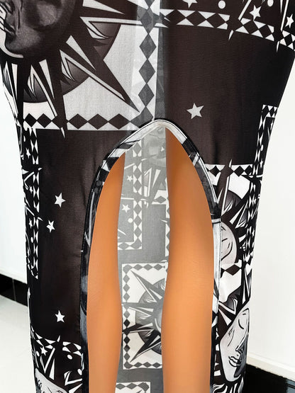 Sexy Slim Fashion See-Through Print Long Sleeve Night Clubwear Party Dress