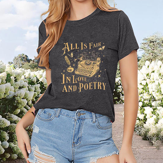 All if Fair In Love And Poetry Women's Vintage Print T-Shirt Short Sleeve Tees Tops