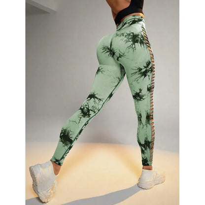 Women Cut Outside Hollow Tie-Dyed High Waist Hip Butt Tights Scrunch Fitness Seamless Sports Gym Yoga Pants