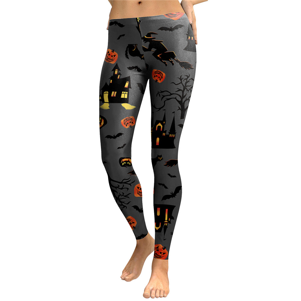 Women Haunt the House Halloween Pumpkins Lantern Elastic Digital Printed Workout Leggings Pants