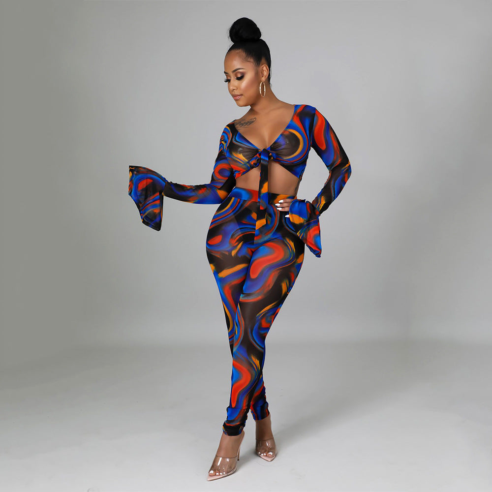 Two Pieces Sexy Fashion Net Gauze Print Slim Sleeve Night Party Tops Pant Trouser