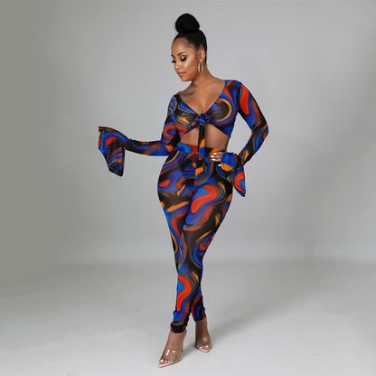 Two Pieces Sexy Fashion Net Gauze Print Slim Sleeve Night Party Tops Pant Trouser