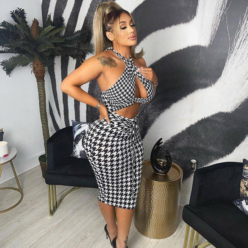 Sexy Backless Lace-Up Halter Cutout Smocked Pack Hip Party Dress