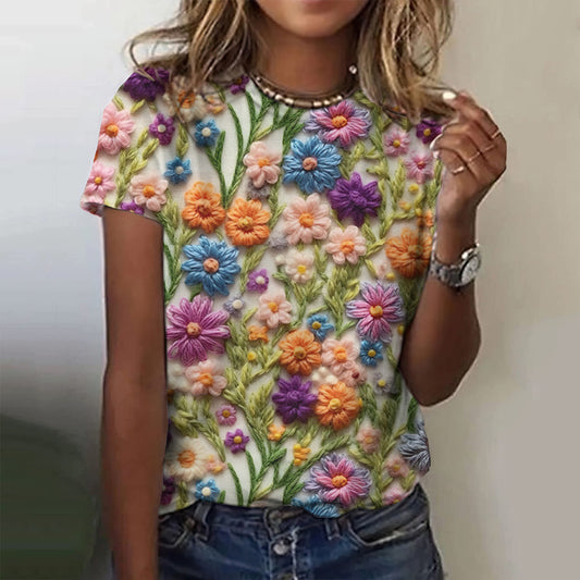 Floral Prints Women's T-shirt Short Sleeve Round Neck Tops Tees