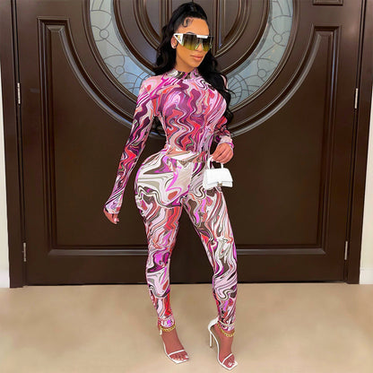 Sexy Mesh Printed Long-Sleeved Skinny Nightclub Party Jumpsuit