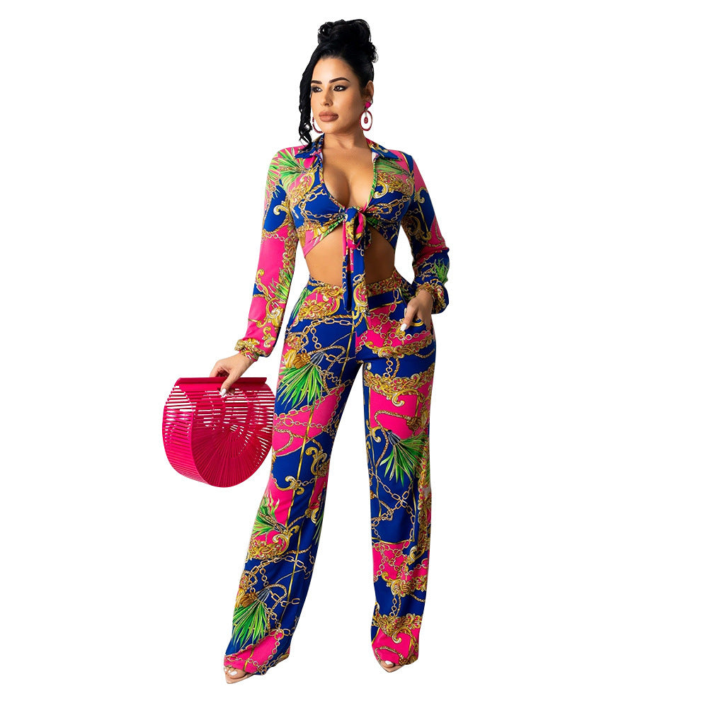 Sexy Milk Silk Printing Two-Piece Nightclub Tops + Pant Trouser Suit