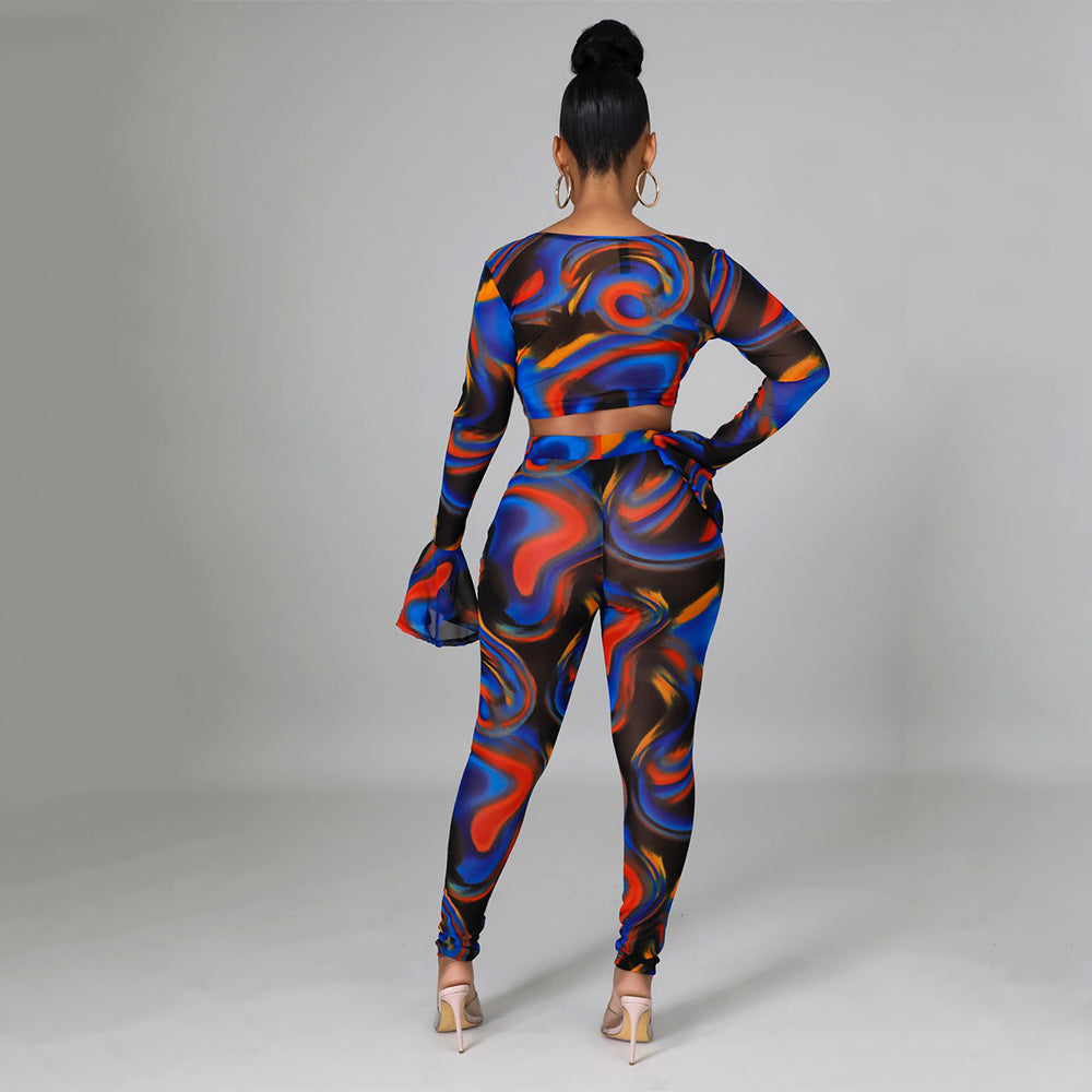 Two Pieces Sexy Fashion Net Gauze Print Slim Sleeve Night Party Tops Pant Trouser