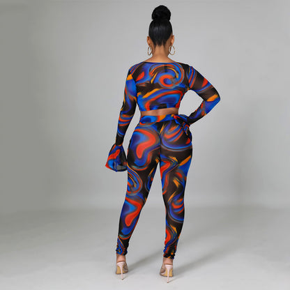 Two Pieces Sexy Fashion Net Gauze Print Slim Sleeve Night Party Tops Pant Trouser