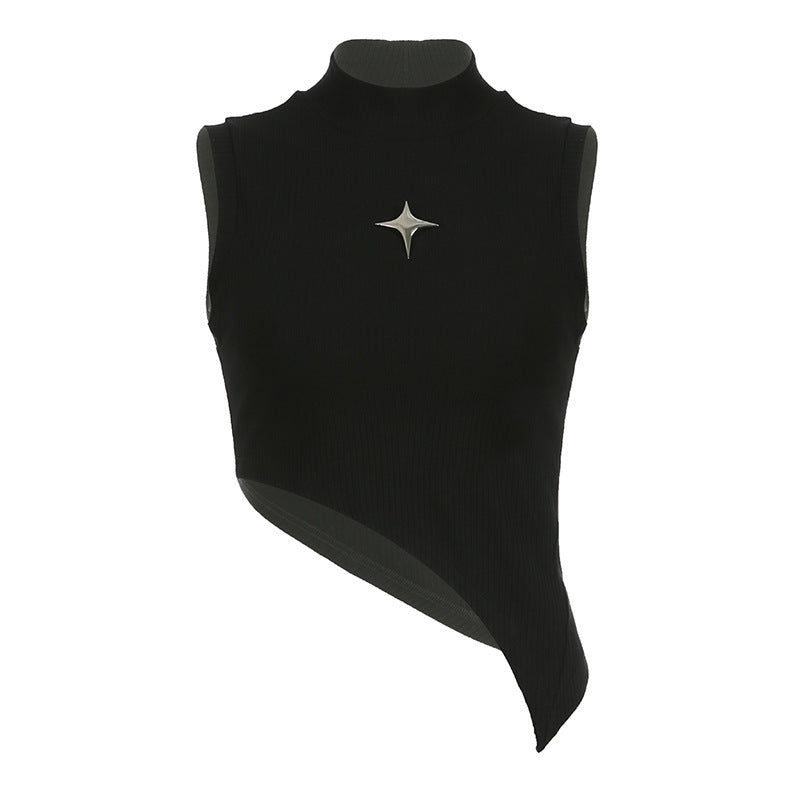 Women Metal Five-pointed Star High Neck Irregular Slim Fit Vest Tops