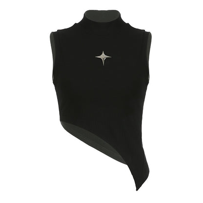 Women Metal Five-pointed Star High Neck Irregular Slim Fit Vest Tops