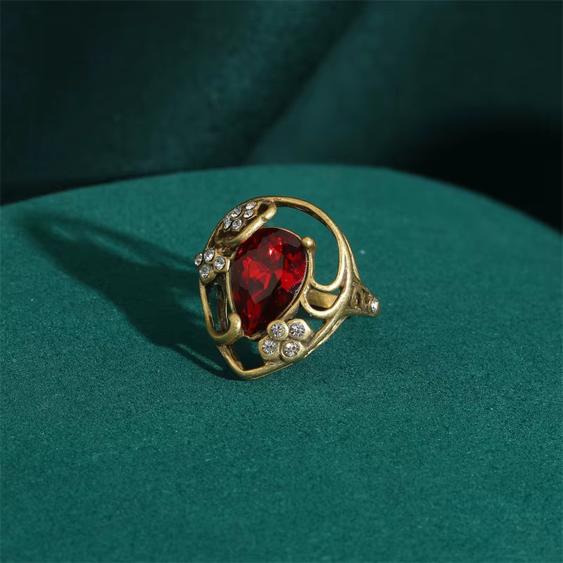 Women Red Oval Round Natural Stone Vintage Open Engagement Rings