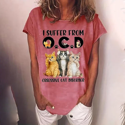 Suffer From OCD Obsessive Cat Disorder Women Crewneck Short Sleeve Tees Tops Shirt