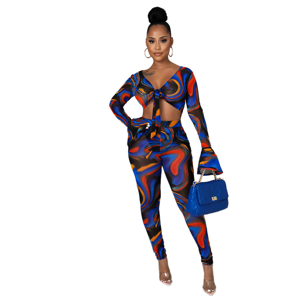 Two Pieces Sexy Fashion Net Gauze Print Slim Sleeve Night Party Tops Pant Trouser
