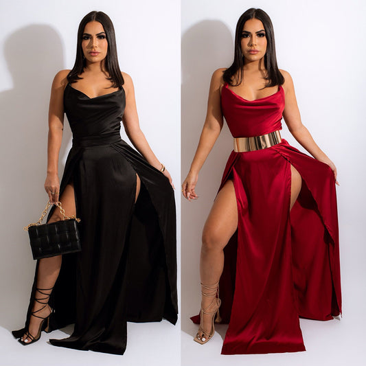 Sexy Sling Halter Swing Neck Slit Night Out Party Long Evening Dress
