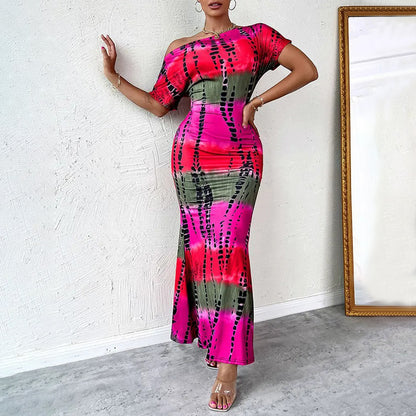Women Printed Short Sleeve Diagonal Neck Slim Long Party Evening Dress
