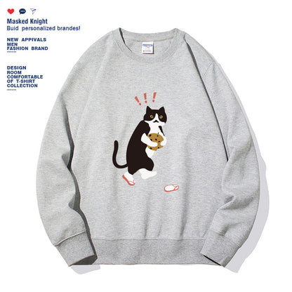 Women Fashionable Solid Color Cat Printed Long Sleeved Sweatshirt Pullover