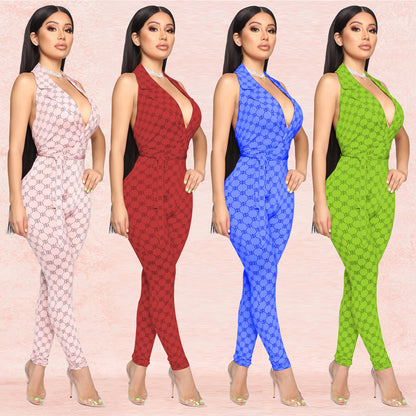 Sexy Printed Halter Nightclub Party Pant Jumpsuit